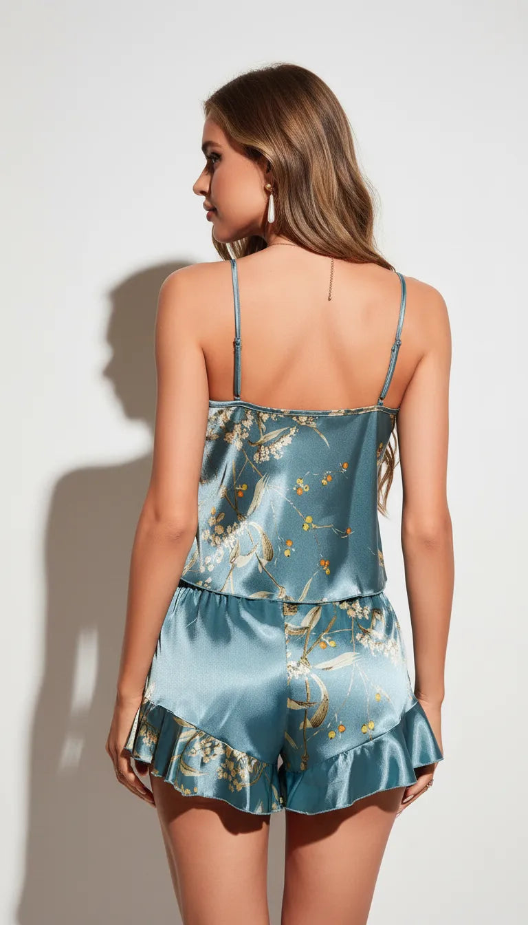 Pyjama Satin Bleu Floral pour Femme | Débardeur à bretelles & Short à volants | Ensemble 2 Pièces - Vue de dos