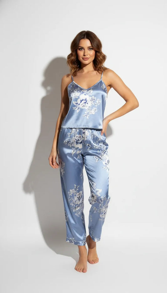 Pyjama Satin Bleu Floral pour Femme | Débardeur et Pantalon Fluide | Ensemble 2 Pièces - Vue de face