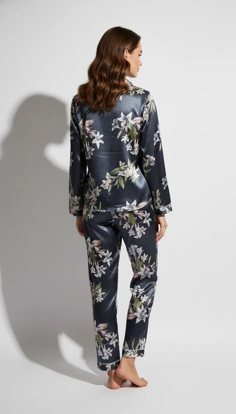 Pyjama Satin Bleu-Gris à Fleurs pour Femme | Ensemble Chemise Manches Longues & Pantalon | 2 Pièces - Vue de dos