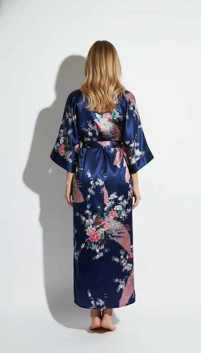 Pyjama Satin Bleu Marine à Motifs Fleuris pour Femme | Kimono Long | 1 Pièce - Vue de dos