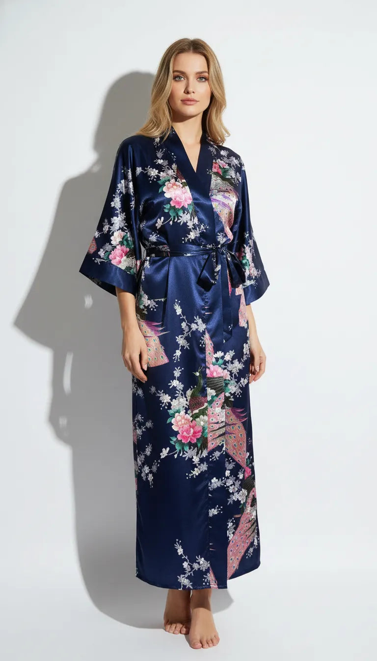 Pyjama Satin Bleu Marine à Motifs Fleuris pour Femme | Kimono Long | 1 Pièce - Vue de face