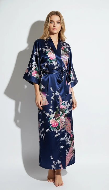 Pyjama Satin Bleu Marine à Motifs Fleuris pour Femme | Kimono Long | 1 Pièce - Vue de face