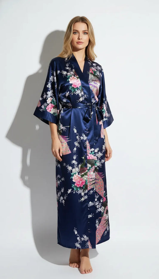Pyjama Satin Bleu Marine à Motifs Fleuris pour Femme | Kimono Long | 1 Pièce - Vue de face