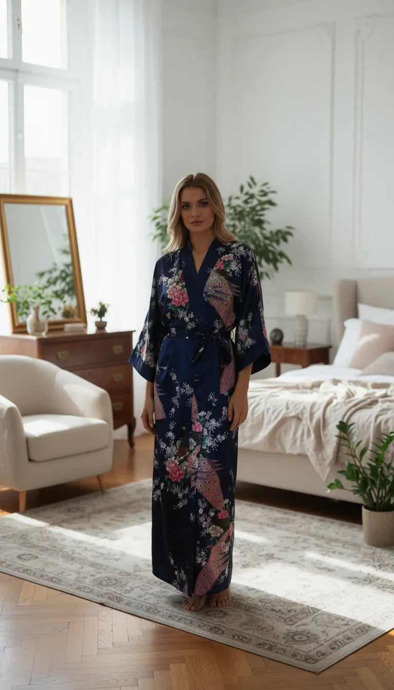 Pyjama Satin Bleu Marine à Motifs Fleuris pour Femme | Kimono Long | 1 Pièce - Mise en situation portée