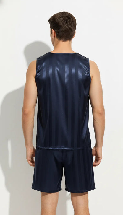 Pyjama Satin Bleu Marine pour Homme | Débardeur Rayé et Short | Ensemble 2 Pièces - Vue de dos
