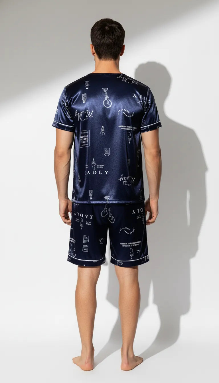 Pyjama Satin Bleu Marine pour Homme | Moderne et Chic | Ensemble T-shirt à col V et Short | 2 Pièces - Vue de dos