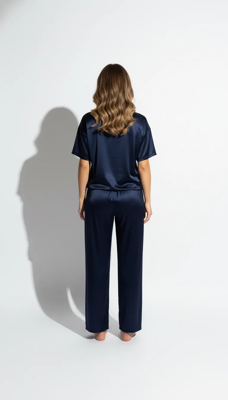 Pyjama Satin Bleu Marine pour Femme | Ensemble 2 Pièces : T-shirt manches courtes & Pantalon fluide - Vue de dos