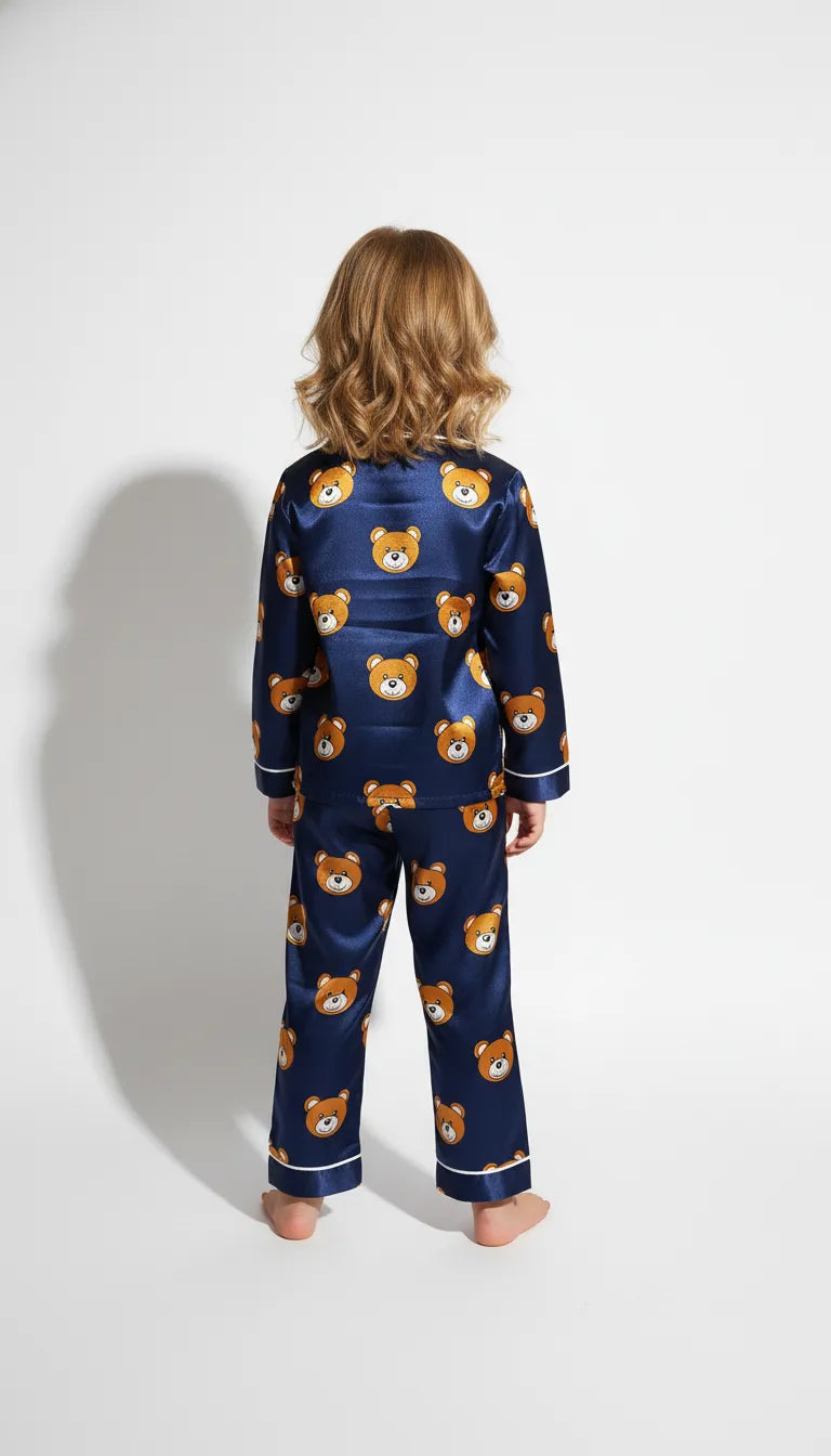 Pyjama Satin Bleu Marine pour Enfant | Motif Oursons Adorables | Chemise Manches Longues & Pantalon | Ensemble 2 Pièces - Vue de dos