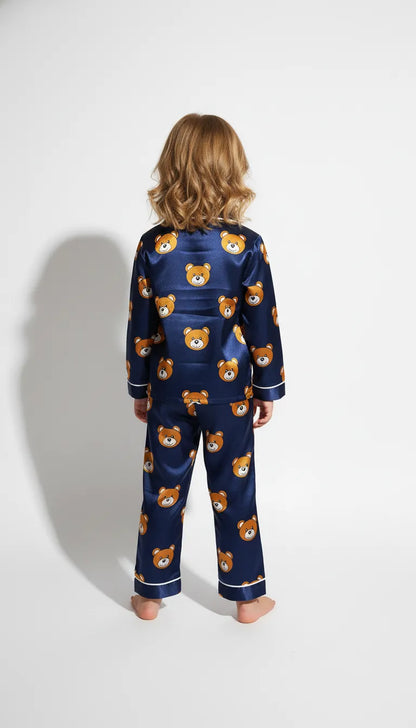 Pyjama Satin Bleu Marine pour Enfant | Motif Oursons Adorables | Chemise Manches Longues & Pantalon | Ensemble 2 Pièces - Vue de dos