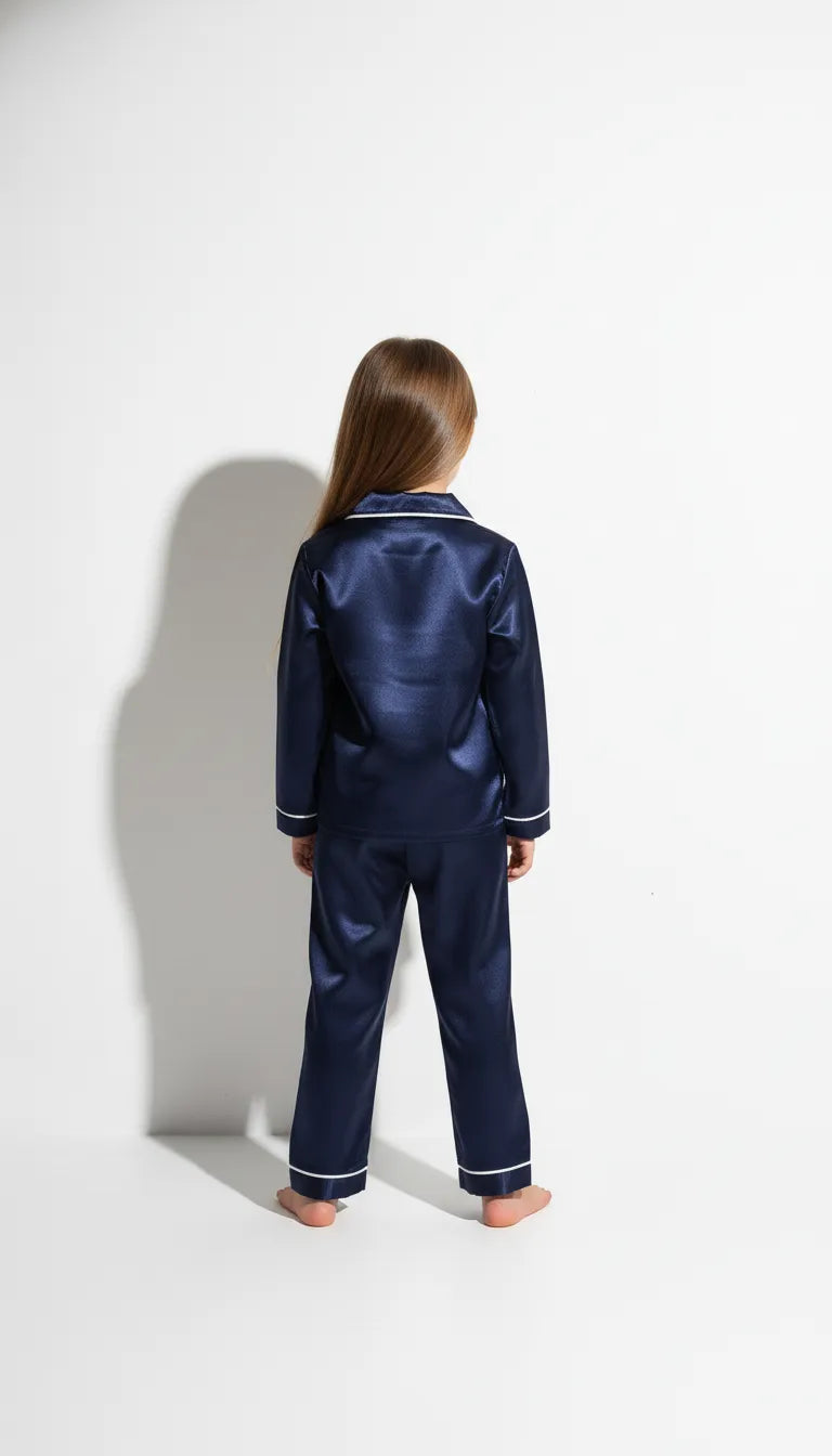 Pyjama Satin Bleu Marine pour Enfant | Classique Élegant | Chemise à Manches Longues & Pantalon | 2 Pièces - Vue de dos
