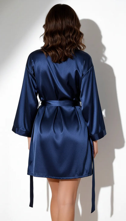 Pyjama Satin Bleu Marine pour Femme | Nuisette avec Dentelle & Kimono Satiné | 2 Pièces - Vue de dos