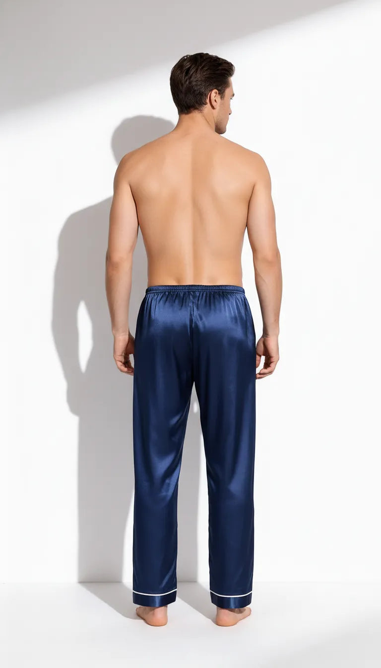 Pyjama Satin Bleu Marine pour Homme | Pantalon et Haut Manches Longues | 2 Pièces - Vue de dos