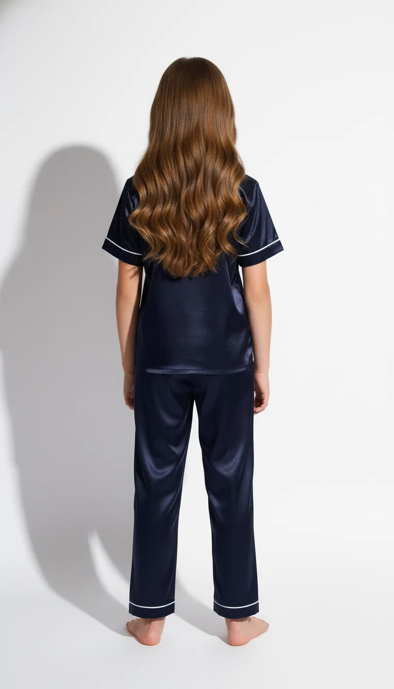 Pyjama Satin Bleu Marine pour Fille | Classique et Élégant | Ensemble 2 Pièces Manches Courtes - Vue de dos