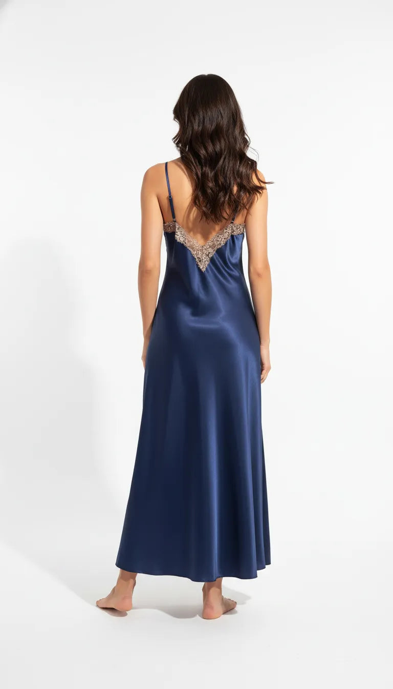 Pyjama Satin Bleu Marine pour Femme | Nuisette Longue avec Dentelle | 1 Pièce - Vue de dos