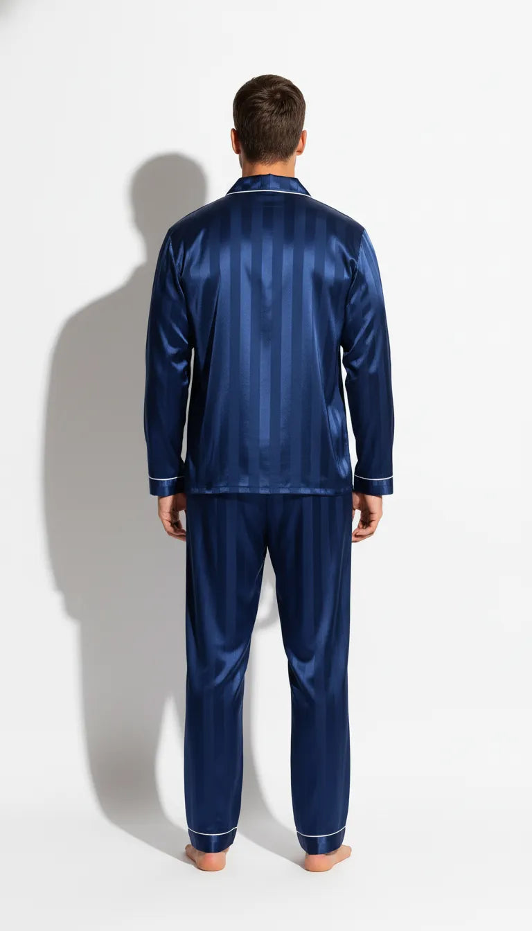 Pyjama Satin Bleu Marine pour Homme | Classique Rayé et Chic | Chemise Manches Longues & Pantalon | Ensemble 2 Pièces - Vue de dos