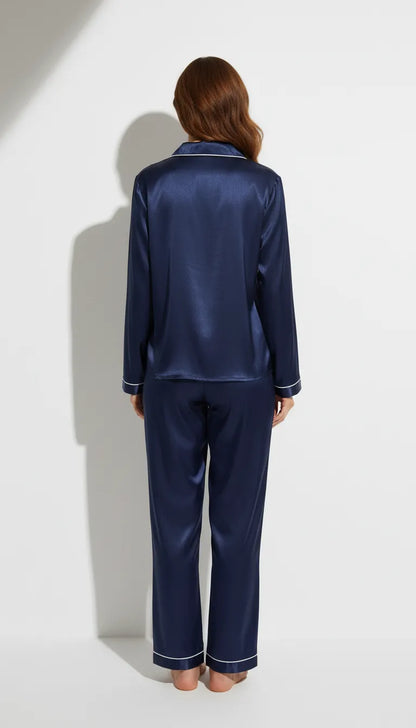 Pyjama Satin Bleu Marine pour Femme | Classique et Élégant | Ensemble Chemise Manches Longues et Pantalon | 2 Pièces - Vue de dos