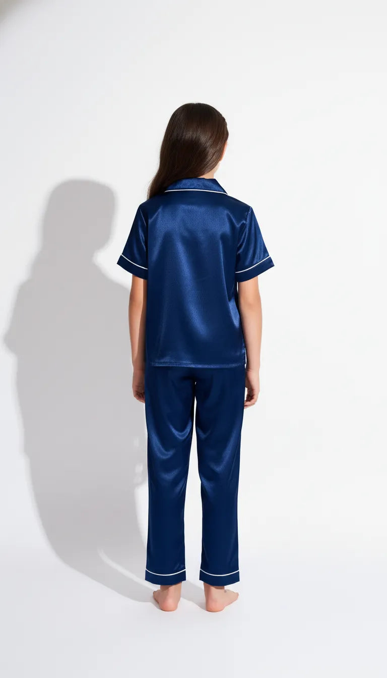 Pyjama Satin Bleu Marine pour Fille | Classique Revisité | Chemise Manches Courtes & Pantalon | Ensemble 2 Pièces - Vue de dos