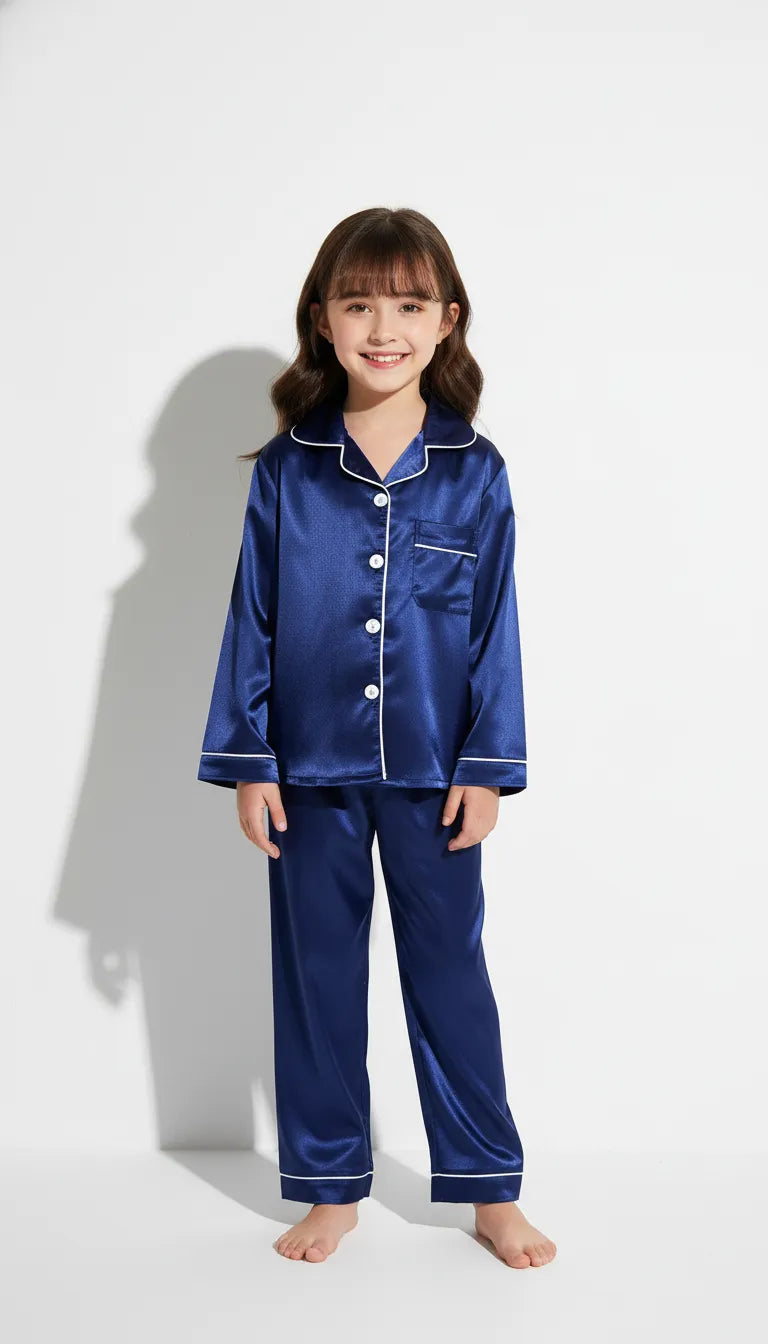 Pyjama Satin Bleu Marine pour Enfant | Classique et Élégant | Chemise Manches Longues et Pantalon | 2 Pièces - Vue de face