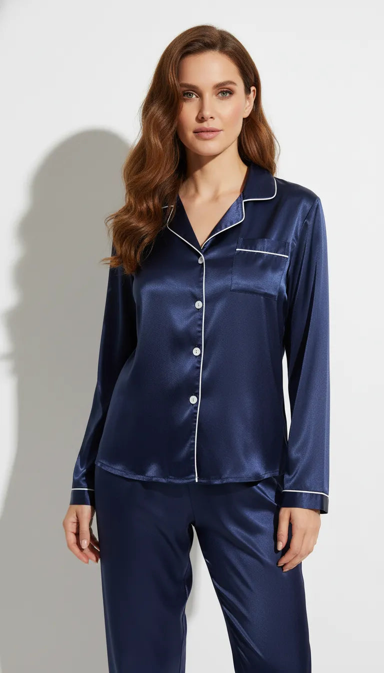 Pyjama Satin Bleu Marine pour Femme | Classique et Élégant | Ensemble Chemise Manches Longues et Pantalon | 2 Pièces - Vue de face