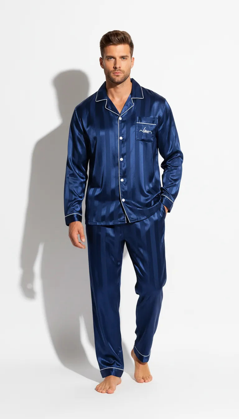 Pyjama Satin Bleu Marine pour Homme | Classique Rayé et Chic | Chemise Manches Longues & Pantalon | Ensemble 2 Pièces - Vue de face