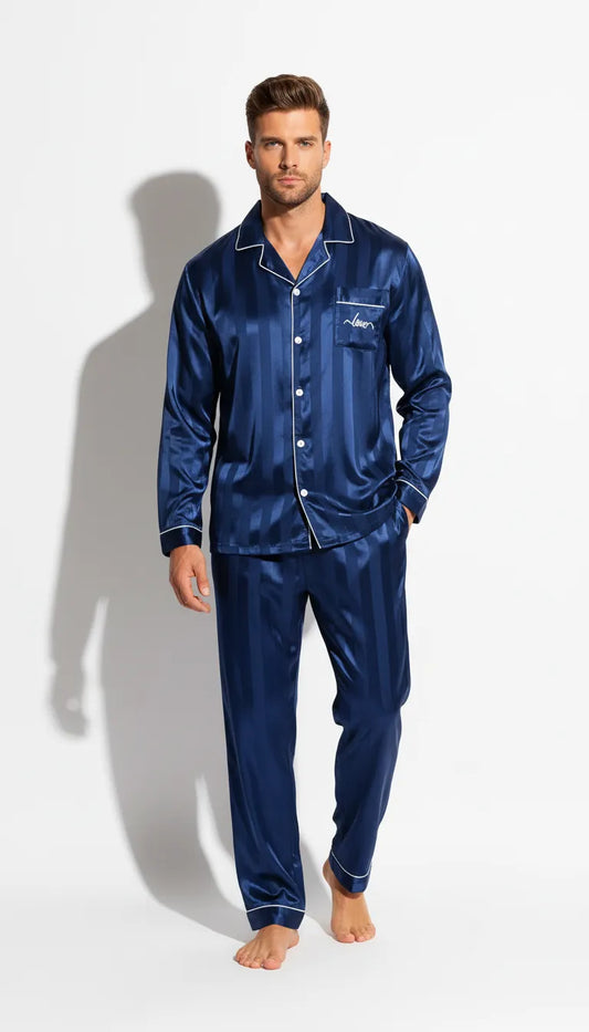 Pyjama Satin Bleu Marine pour Homme | Classique Rayé et Chic | Chemise Manches Longues & Pantalon | Ensemble 2 Pièces - Vue de face