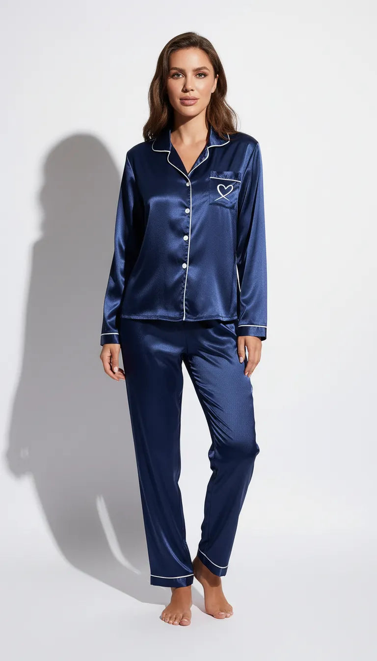 Pyjama Satin Bleu Marine pour Femme | Classique et Élégant | Ensemble Chemise Manches Longues et Pantalon | 2 Pièces - Vue de face