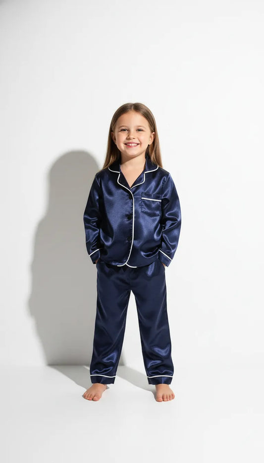 Pyjama Satin Bleu Marine pour Enfant | Classique Élegant | Chemise à Manches Longues & Pantalon | 2 Pièces - Vue de face