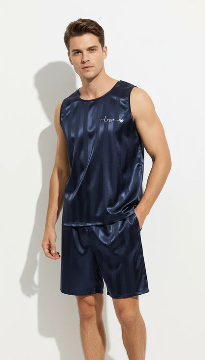 Pyjama Satin Bleu Marine pour Homme | Débardeur Rayé et Short | Ensemble 2 Pièces - Vue de face