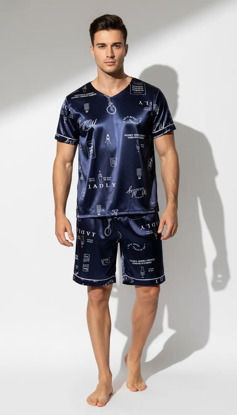 Pyjama Satin Bleu Marine pour Homme | Moderne et Chic | Ensemble T-shirt à col V et Short | 2 Pièces - Vue de face