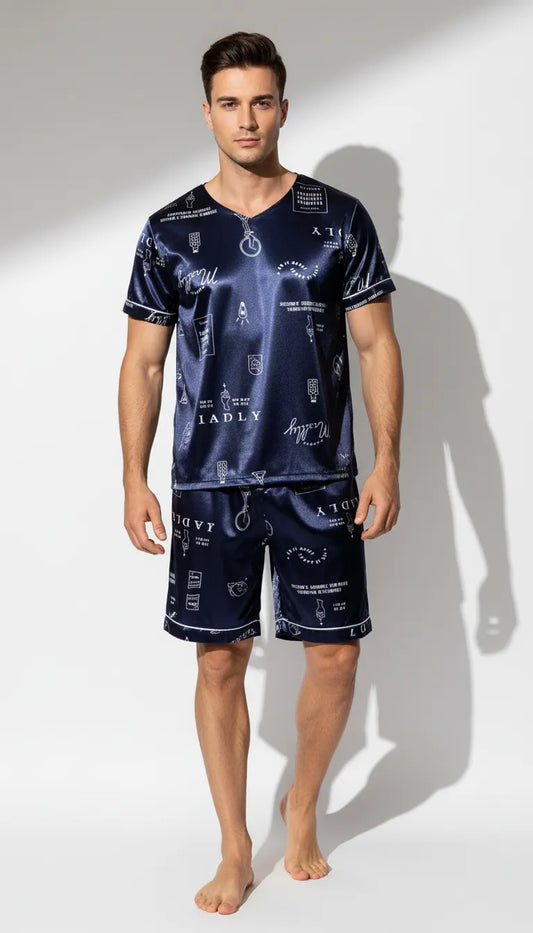 Pyjama Satin Bleu Marine pour Homme | Moderne et Chic | Ensemble T-shirt à col V et Short | 2 Pièces - Vue de face
