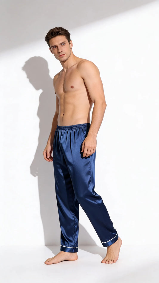 Pyjama Satin Bleu Marine pour Homme | Pantalon et Haut Manches Longues | 2 Pièces - Vue de face