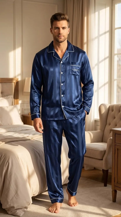 Pyjama Satin Bleu Marine pour Homme | Classique Rayé et Chic | Chemise Manches Longues & Pantalon | Ensemble 2 Pièces - Mise en situation portée