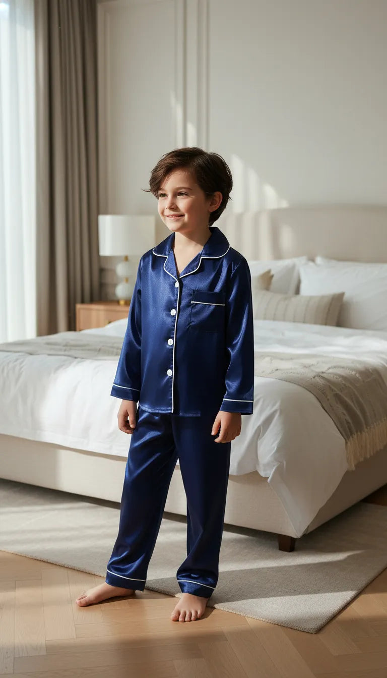 Pyjama Satin Bleu Marine pour Enfant | Classique et Élégant | Chemise Manches Longues et Pantalon | 2 Pièces - Mise en situation portée
