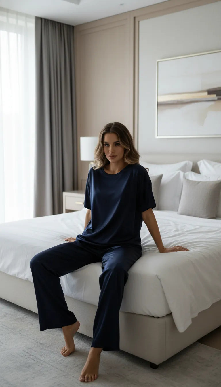 Pyjama Satin Bleu Marine pour Femme | Ensemble 2 Pièces : T-shirt manches courtes & Pantalon fluide - Mise en situation portée