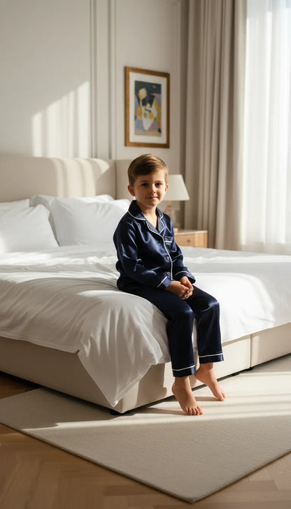 Pyjama Satin Bleu Marine pour Enfant | Classique Élegant | Chemise à Manches Longues & Pantalon | 2 Pièces - Mise en situation portée