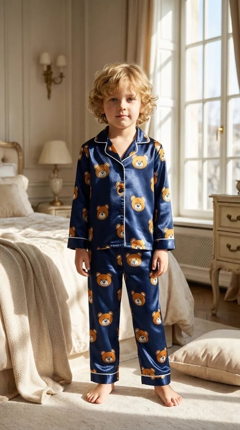 Pyjama Satin Bleu Marine pour Enfant | Motif Oursons Adorables | Chemise Manches Longues & Pantalon | Ensemble 2 Pièces - Mise en situation portée