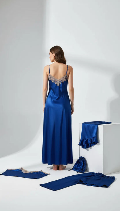Pyjama Satin Bleu Nuit | Romantique et Raffiné | Ensemble 4 Pièces Femme - Vue de dos