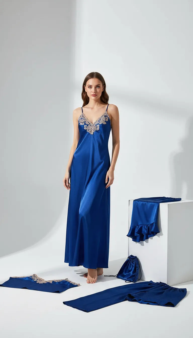 Pyjama Satin Bleu Nuit | Romantique et Raffiné | Ensemble 4 Pièces Femme - Vue de face
