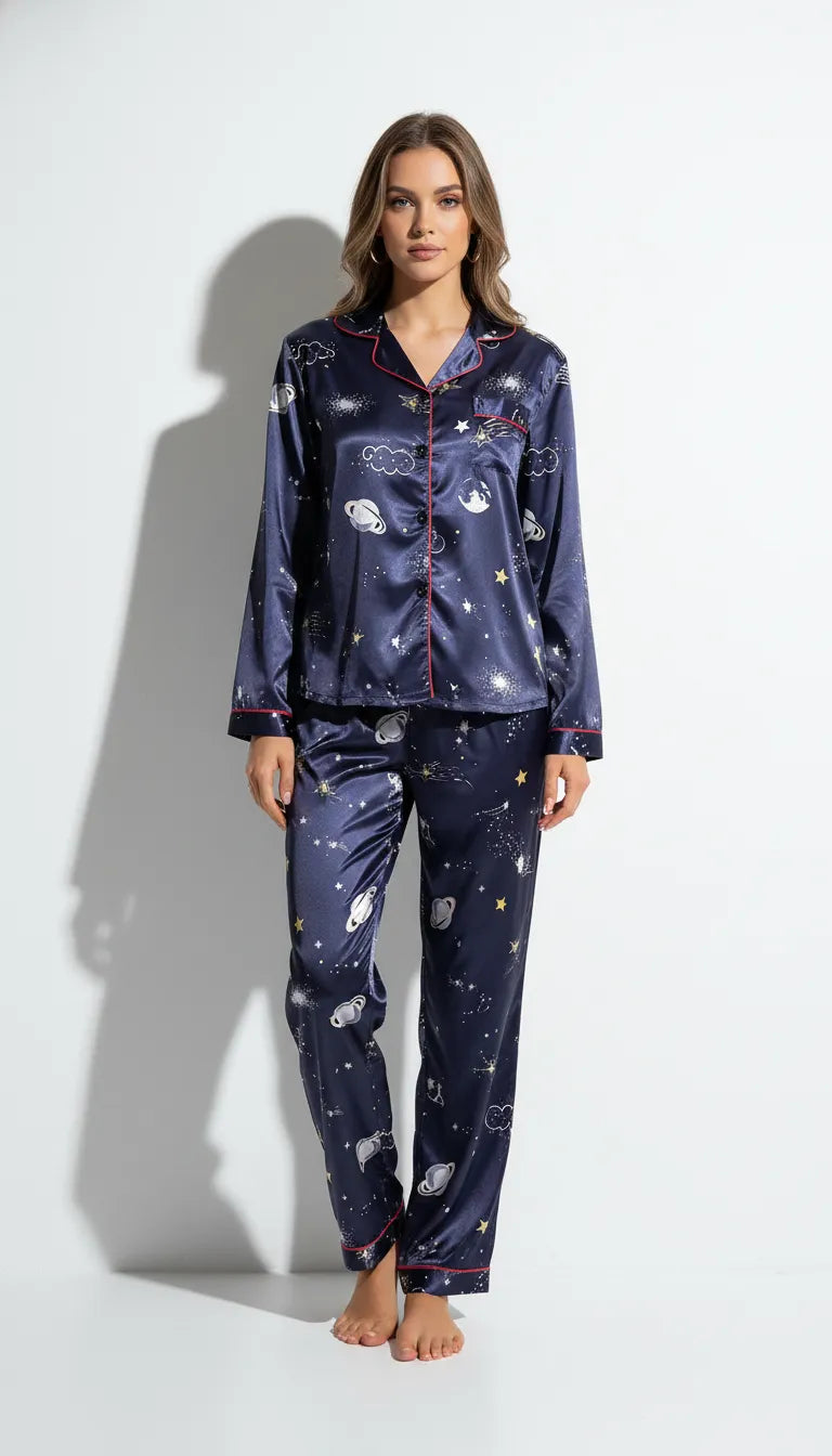 Pyjama Satin Bleu Nuit Étoilé pour Femme | Ensemble 2 Pièces | Chemise Manches Longues et Pantalon - Vue de face