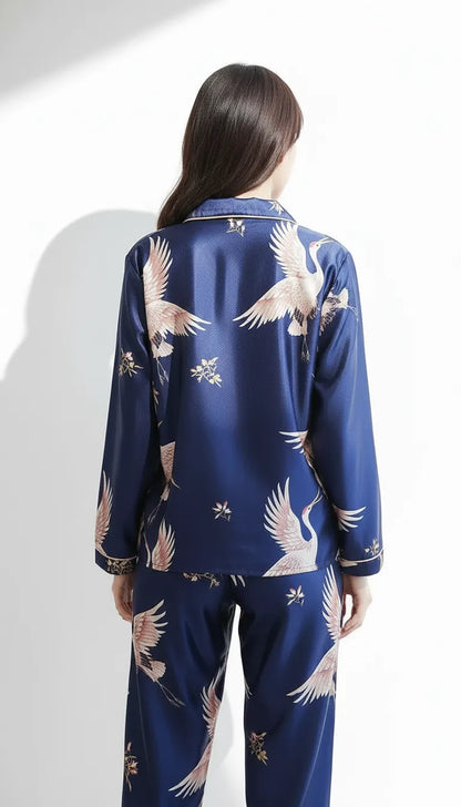 Pyjama Satin Bleu Nuit Floral Femme | Chemise Boutonnée Manches Longues et Pantalon | 2 Pièces - Vue de dos