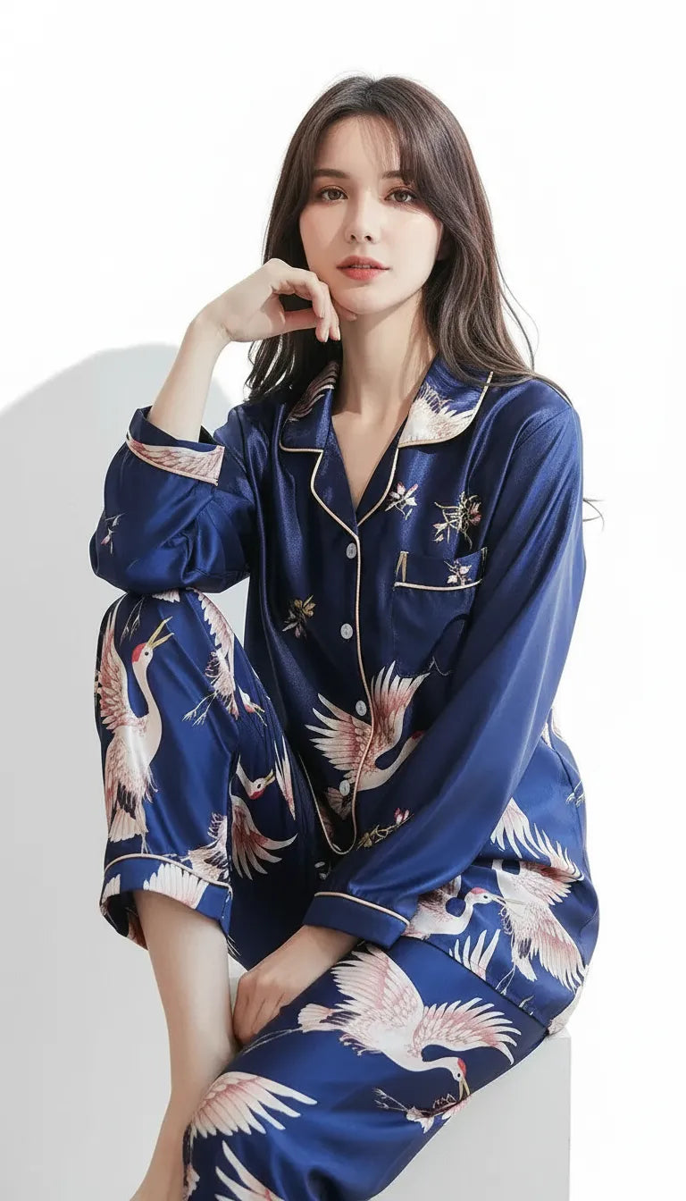 Pyjama Satin Bleu Nuit Floral Femme | Chemise Boutonnée Manches Longues et Pantalon | 2 Pièces - Vue de face
