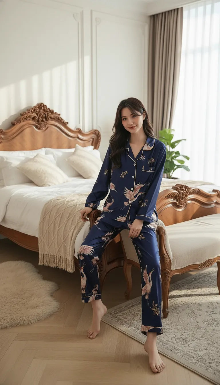 Pyjama Satin Bleu Nuit Floral Femme | Chemise Boutonnée Manches Longues et Pantalon | 2 Pièces - Mise en situation portée