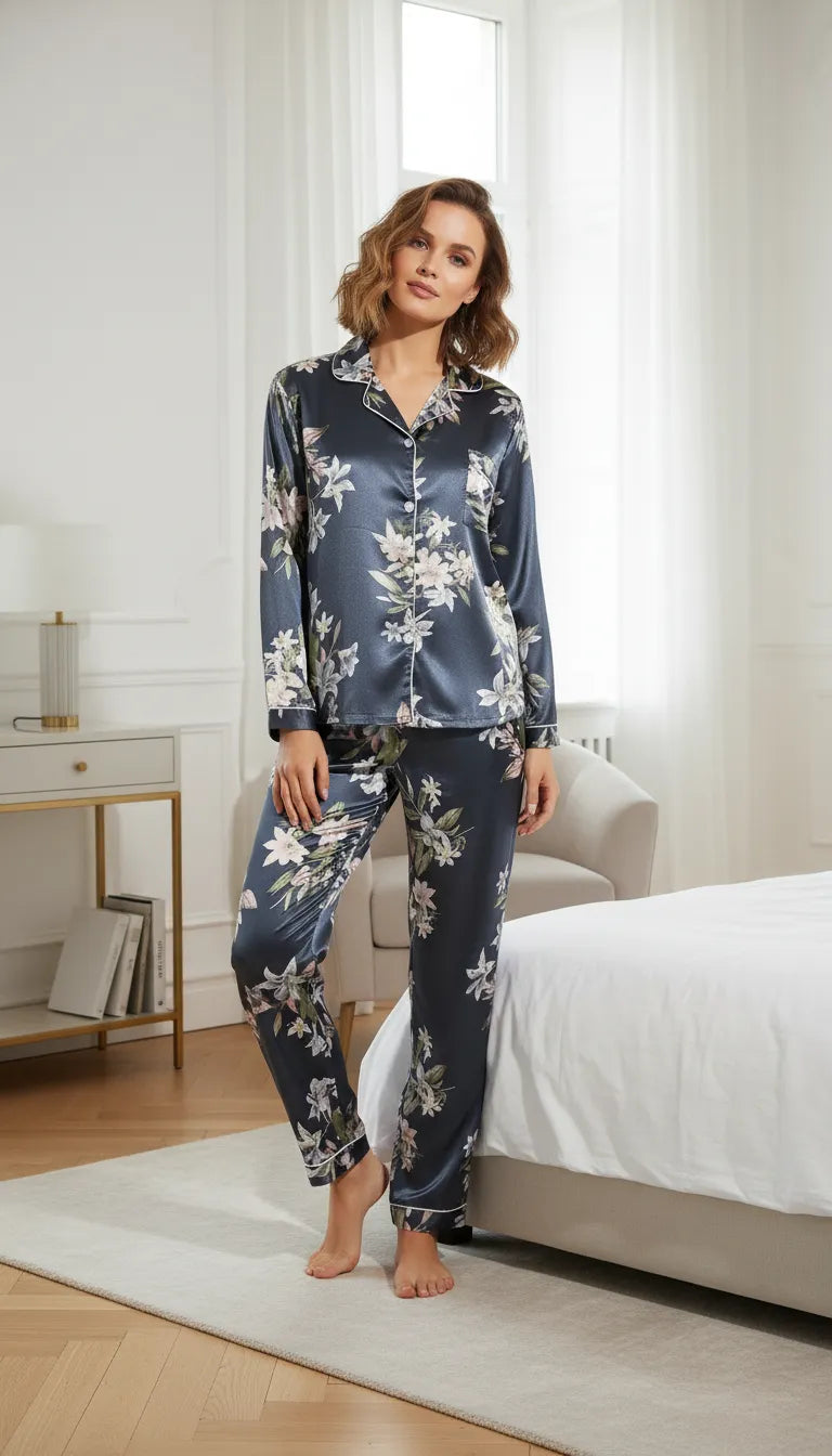 Pyjama Satin Bleu Nuit et Floral pour Femme | Chic et Confortable | Pantalon et Haut Manches Longues | Ensemble 2 Pièces - Mise en situation portée