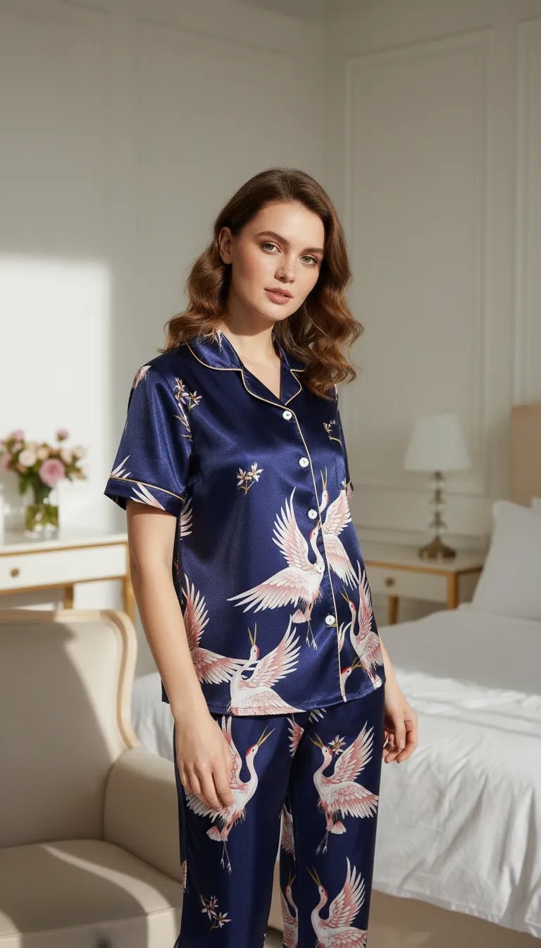 Pyjama Satin Bleu Nuit et Rose Femme | Chemise Manches Courtes et Pantalon Long | Imprimé Grues en Vol | 2 Pièces - Mise en situation portée