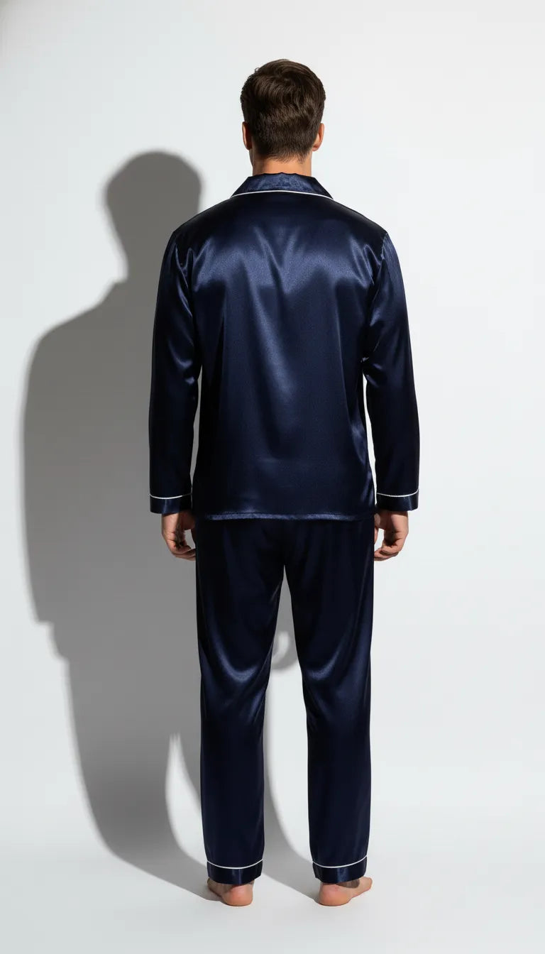 Pyjama Satin Bleu Nuit pour Homme | Ensemble Classique avec Liserés Blancs | Chemise Manches Longues et Pantalon | 2 Pièces - Vue de dos