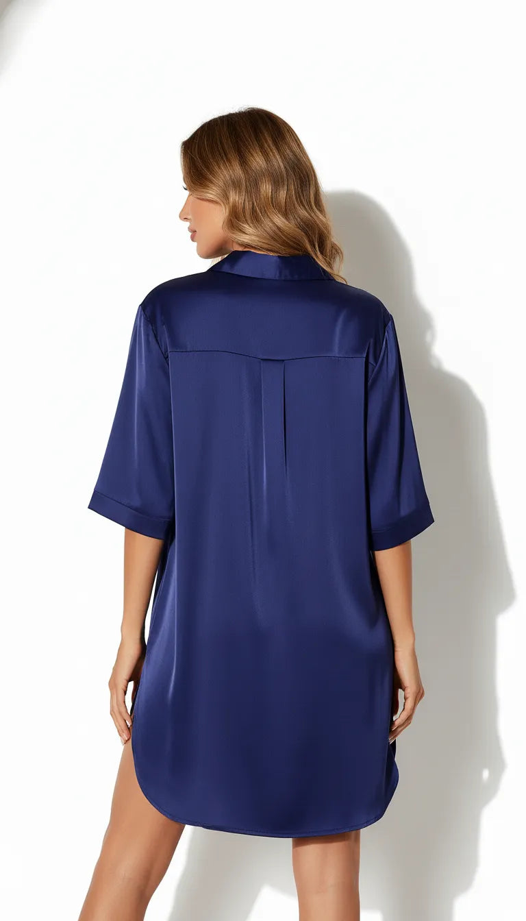 Pyjama Satin Bleu Nuit pour Femme | Chemise de Nuit Fluide | Manches Courtes | 1 Pièce - Vue de dos