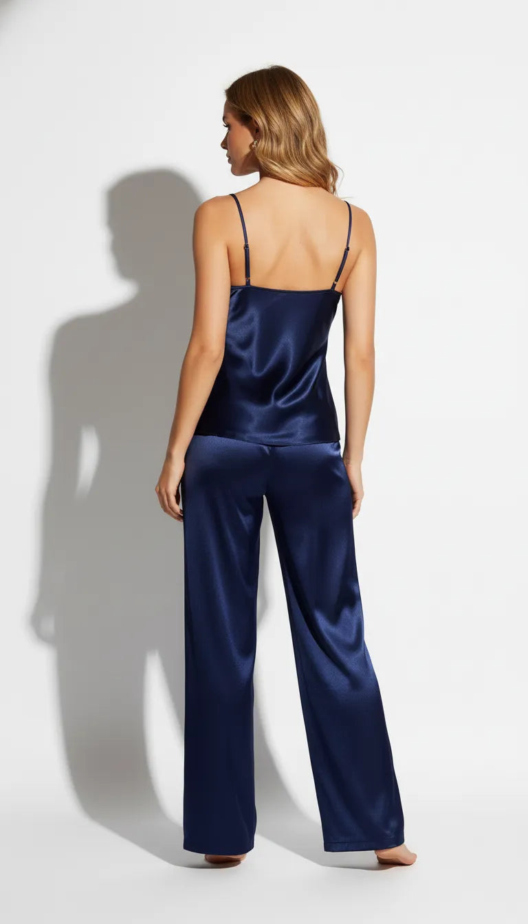 Pyjama Satin Bleu Nuit pour Femme | Ensemble Top Décolleté & Pantalon Fluide | 2 Pièces - Vue de dos