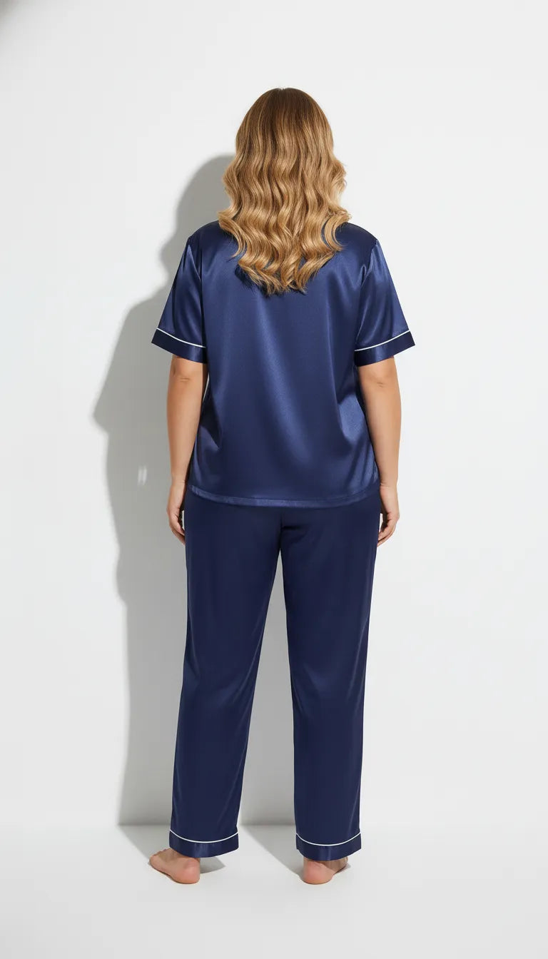 Pyjama Satin Bleu Nuit pour Femme | Ensemble Chemise Manches Courtes & Pantalon | 2 Pièces - Vue de dos
