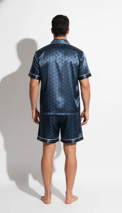 Pyjama Satin Bleu Nuit pour Homme | Moderne & Chic | Chemise Manches Courtes & Short | Ensemble 2 Pièces - Vue de dos