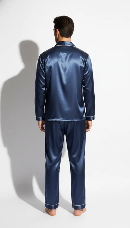 Pyjama Satin Bleu Nuit pour Homme | Classique et Élégant | Chemise à Manches Longues & Pantalon | Ensemble 2 Pièces - Vue de dos